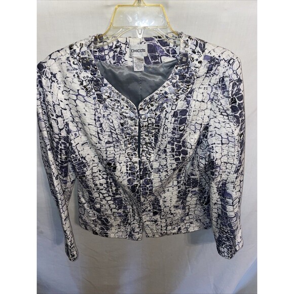 Chico’s Women’s Dressy Jacket Size 1 U.S. Medium White Purple Snake Motif Party - Picture 1 of 12